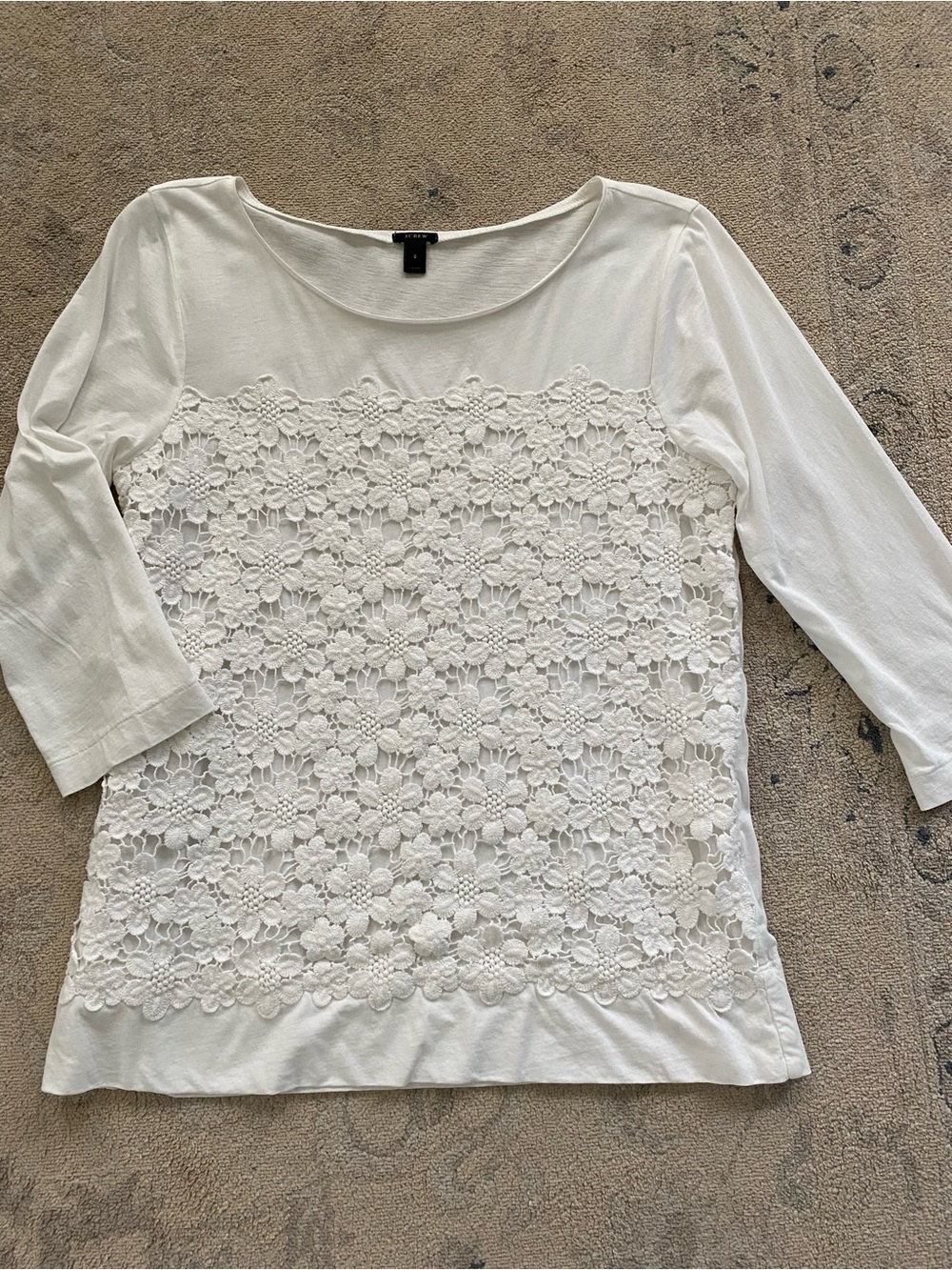 J. Crew Floral Lace Overlay White Three Quarter Sleeve T-Shirt Cotton Small